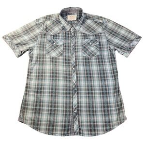BKE Vintage Mens XL Athletic Fit Blue Plaid PearlSnap Western Shirt Short Sleeve